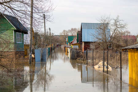 Flooded summer cottages and houses during the spring high water, Aprilの写真素材