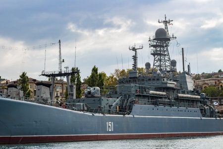 SEVASTOPOL, CRIMEA - SEPTEMBER 2014: Moored ships in the Sevastopol bay. The large amphibious ship...