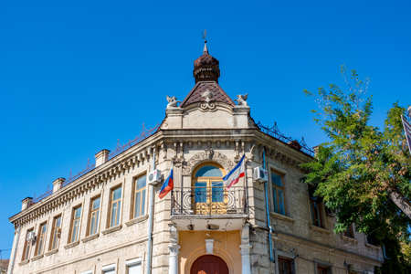 BAKHCHYSARAY, CRIMEA - SEPTEMBER 2014: City streets of Bakhchisaray. Monument of Architecture and Urban Planning "House of Dmitry Pachagi"のeditorial素材