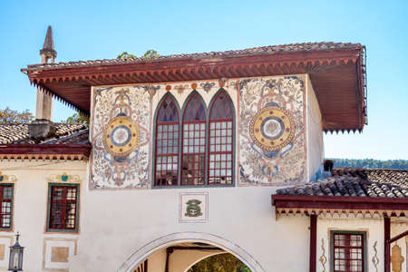BAKHCHYSARAY, CRIMEA - SEPTEMBER 2014: The Khan Palace or Hansaray is Bakhchysarai, Crimea. Historical and cultural reserve. North gate with gate towerのeditorial素材