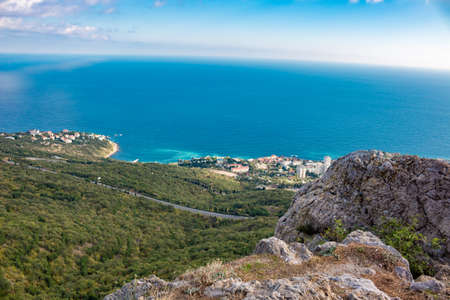 Foros, Crimea - September 2014: View from the mountain Kyzyl-Kaya to Foros settlement, Southern coast of Crimeaのeditorial素材