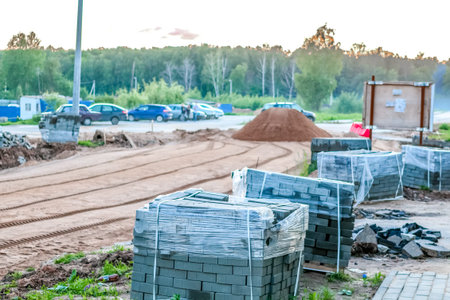 Packed paving slabs block, paving on the sidewalk