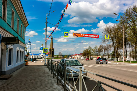 MALOYAROSLAVETS, RUSSIA - MAY 2016: Lenin street in the town of Maloyaroslavets before the Victory Day holidayのeditorial素材