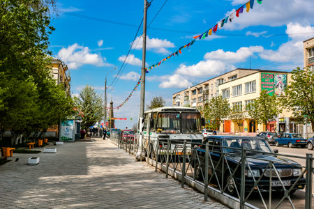 MALOYAROSLAVETS, RUSSIA - MAY 2016: Lenin street in the town of Maloyaroslavets before the Victory Day holidayのeditorial素材