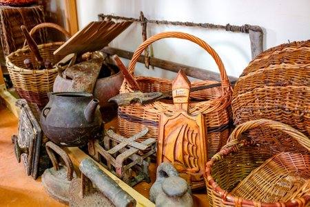 Krasnoe, Russia - May 2016: Ethnographic Museum in the village of Krasnoe near Borovsk, objects of peasant lifeのeditorial素材