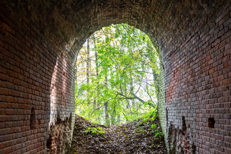 Old park grotto in the park of an abandoned farmstead. Kurilovo, Russia