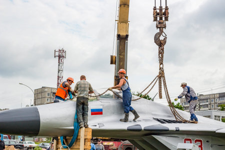 Obninsk, Russia - June 28, 2016: Installation of the MiG-29 monument on the pedestal