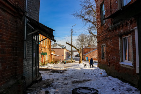 BOROVSK, RUSSIA - NOVEMBER 2016: Street "Rabochaya" in Borovsk. The ensemble of the former textile factory of the Yezhikovyh of the late 19th - early 20th centuryのeditorial素材
