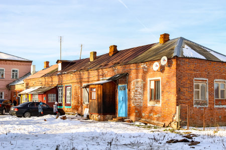 BOROVSK, RUSSIA - NOVEMBER 2016: Street "Rabochaya" in Borovsk. The ensemble of the former textile factory of the Yezhikovyh of the late 19th - early 20th centuryのeditorial素材