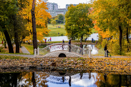Belkino, Russia - October 8, 2017: The territory of the park Belkino in autumn afternoon. View of cascading ponds and a decorative bridgeのeditorial素材