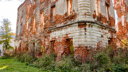 Ruins of a ruined manor of the 18th century close, Belkino, Russiaの写真素材