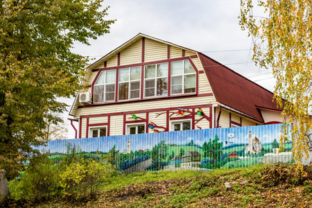 Borovsk, Russia - October 2017: Residential house with a beautiful fence in the city of Borovsk on the street Kommunisticheskayaのeditorial素材