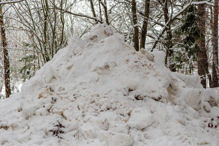 A pile of snow collected by equipment from the roadの写真素材