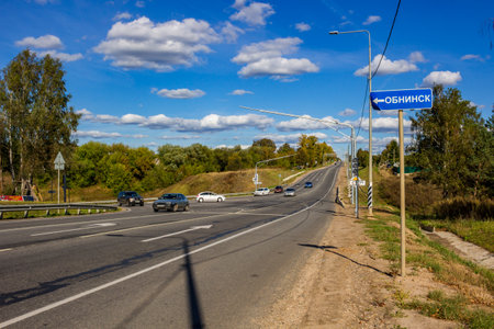 Dobroe, Russia - September 2018: Highway "A130" (Varshavka) near the village of Dobroe, Kaluzhskiy region. Turn to Obninskのeditorial素材