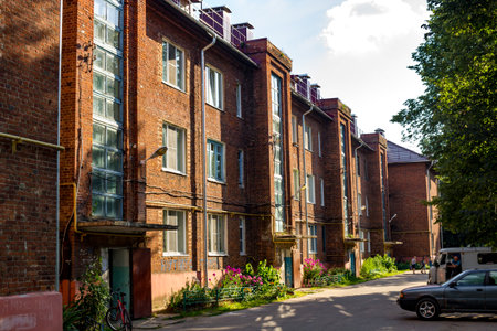 Ermolino, Russia - August 2018: Residential apartment building of the 1930s built in the style of constructivism in the town of Ermolino. Borovskiy district, Kaluzhskiy regionのeditorial素材