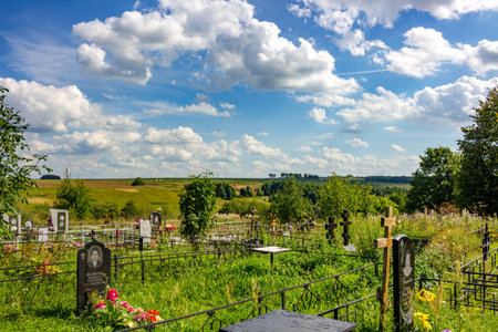Maryino, Russia - August 2018: Russian Orthodox cemetery in the village of Maryino (former...