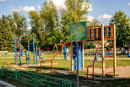 Vysokinichi, Russia - August 2018: A new children's playground in the village of Vysokinichi. Kaluzhskiy region, Zhukovskiy districtのeditorial素材