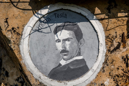 Borovsk, Russia - September 2018: Street Art-object "The Ark" with images of famous figures of science and astronautics. Portrait of Nikola Teslaのeditorial素材