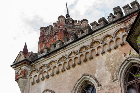 Fragments of the eastern facade of the 19th century Neo-Gothic library in the Avchurino estate near Kaluga. Ferzikovsky District, Kaluzhskiy region, Russiaの写真素材