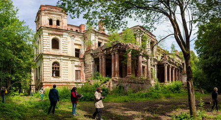 Sanatorium Pavlishchev-Bor, Russia - July 2019: The ruins of the palace Yaroshenko late 19th century in the estate Stepanovskoe-Pavlishchevo, general view. Kaluzhskiy regionのeditorial素材