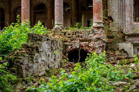Fragments of the ruins of the palace Yaroshenko end of the 19th century in the estate Stepanovskoe-Pavlishchevo. Sanatorium Pavlishchev-Bor, Kaluzhskiy region, Russiaの写真素材
