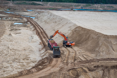 BOLOTSKOE, RUSSIA - MAY 2017: A large sand pit in the village of Bolotskoe. Miningのeditorial素材