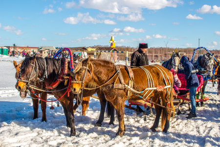Etnomir, Russia - March 2019: Russian horses troika in winter, riding horses. Traditional Russian harness driving combinationのeditorial素材