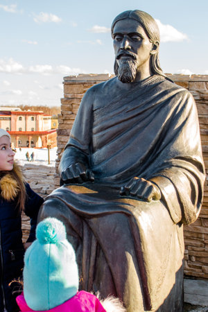 Kaluga region, Russia - March 2019: Monument to Sri Aurobindo - Indian philosopher, poet, revolutionary and organizer of the national liberation movement of India. Ethnographic Park Ethnomirのeditorial素材