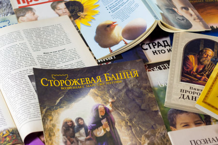 Russia - December 2020: Religious literature of Jehovah's Witnesses (organization banned in Russia). Publications of the early 2000s in Russianのeditorial素材
