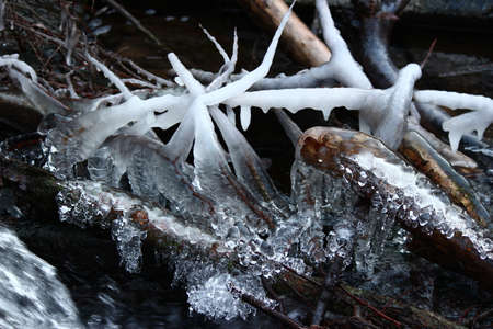Beautiful ice build-up on the stream in winter. Powerful icicles and ice near the water during frost