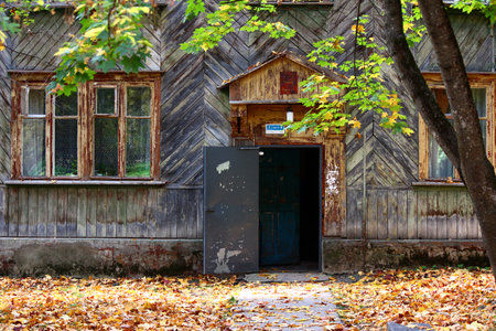 Obninsk, Russia - October 2020: The textured facade of an old cobblestone houseのeditorial素材