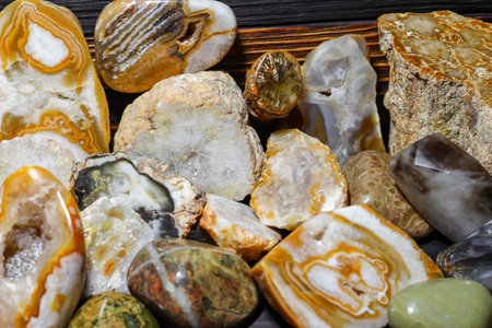 Samples of polished stones and minerals. Collection of processed stones close up