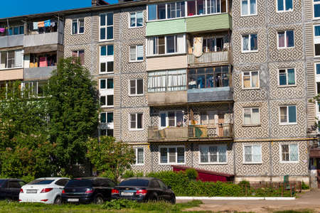 A typical panel multi-apartment residential building of the USSR period - a five-story Khrushchev building. Panel House Ornament: Balabanovo, Russia - June 2021のeditorial素材