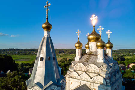 Aerial view of the domes and crosses of a 17th century Orthodox church in a Russian village. Spas-Zagorye, Russiaの写真素材
