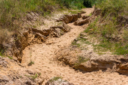 Erosion of sandy soil due to rainwater, ravine formation, soil erosionの写真素材