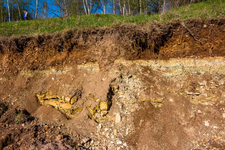 Outcrop of geological rocks. The bedrock is clay and limestone topped with Quaternary deposits. Kaluzhskiy region, Russiaの写真素材