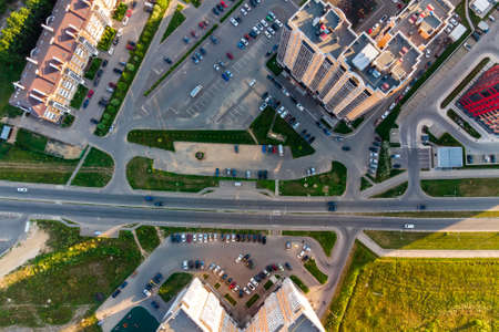 View from a great height at right angles to city streets and houses. Obninsk, Russia