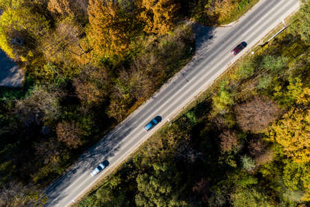 Automobile road in a forest area, top view from a height