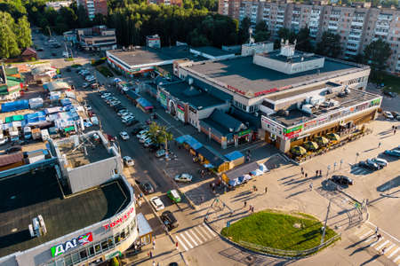 Aerial view of the central department store and city market on Aksenova street: Obninsk, Russia - July 2021のeditorial素材