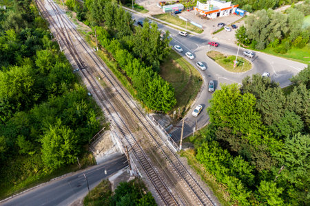 An aerial view of a road tunnel under the railroad through which cars drive. Southern tunnel in the city of Obninsk, Russia - August 2022のeditorial素材