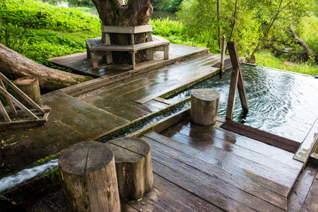 Equipped outdoor pool with cold spring water on the territory of the Russian Orthodox parishの写真素材