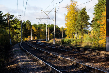 Rails on a double-track railway turning right