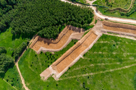 Removal of the top layer of earth overburden for the development of a sand pit, aerial viewの写真素材