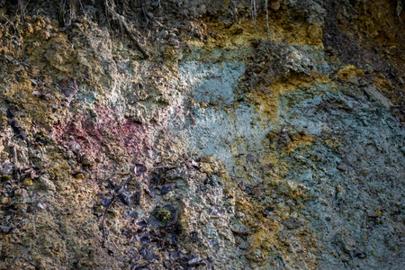 Sticky clay of different colors on the shore of a pond