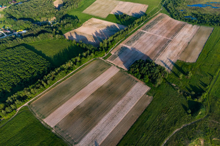Farm agricultural fields, aerial view of the countrysideの写真素材