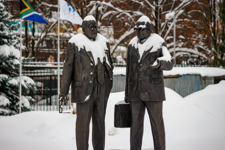 Monument to Efim Slavsky and Yuri Semendyaev near the building of the Rosatom Technical Academy in Obninsk, Russia - December 16, 2023のeditorial素材