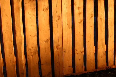 Wooden fence made of boards illuminated by the setting sunの写真素材
