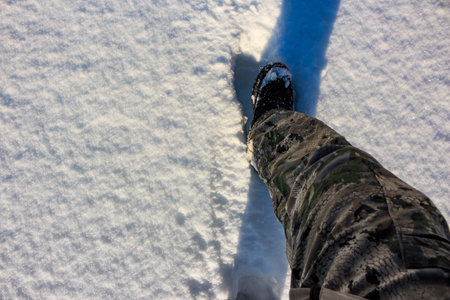 Walking in the snow, first person viewの写真素材