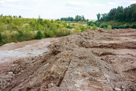 Heaps of brown earth, freshly disturbed soil, and gnarly dirt piles fill the foreground. Distant...