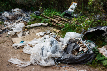 A disheartening sprawl of illegally dumped plastic waste, construction debris, and various refuse mars the overgrown landscape, a stark environmental scarの写真素材